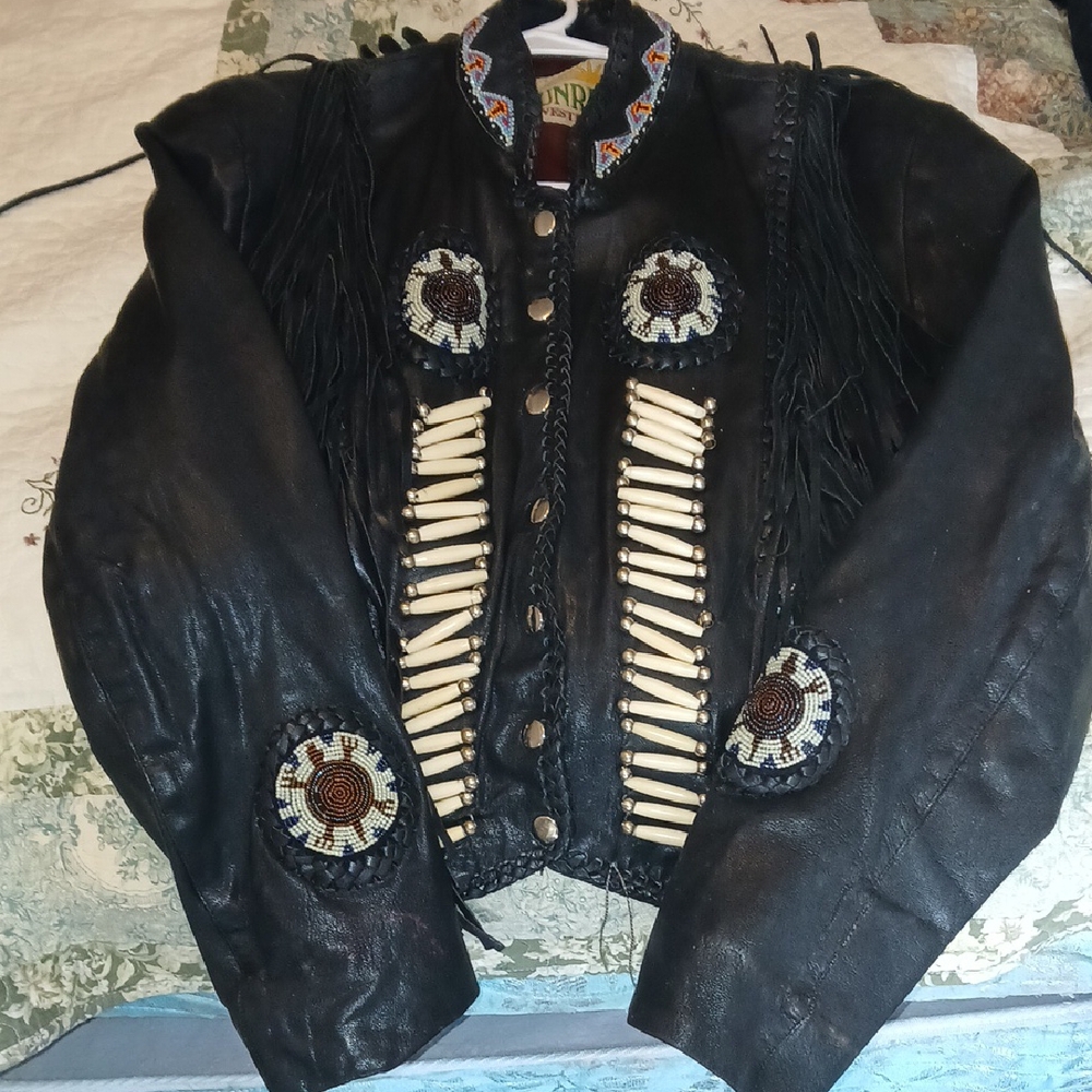 Riders by Lee Black Leather Jacket with Fringe and Embroidery
